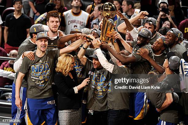 The Golden State Warriors celebrate winning the 2015 NBA Finals after a win against the Cleveland Cavaliers in Game Six of the 2015 NBA Finals at The...