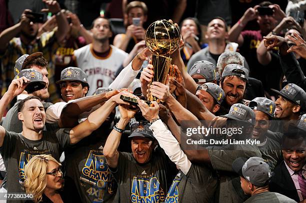 The Golden State Warriors celebrate winning the 2015 NBA Finals after a win against the Cleveland Cavaliers in Game Six of the 2015 NBA Finals at The...