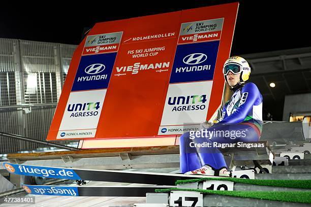 Thomas Diethart of Austria competes during the FIS Ski Jumping World Cup Men's HS134 Qualification on March 8, 2014 in Oslo, Norway.