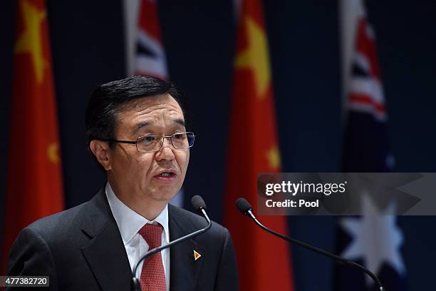 Chinese Minister of Commerce Dr Gao Hucheng speaks during the signing ceremony of the Free Trade Agreement between the Australia and China on June...