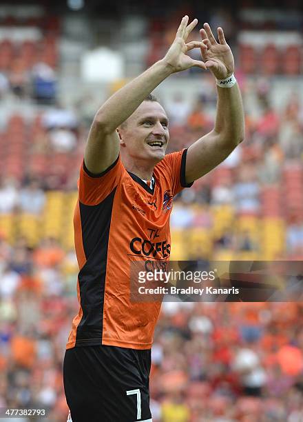 Besart Berisha of the Roar celebrates after scoring a goal during the round 22 A-League match between Brisbane Roar and Adelaide United at Suncorp...
