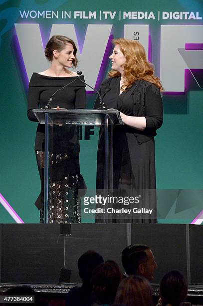 Actress Kristen Stewart and writer Stephenie Meyer speak onstage during the Women In Film 2015 Crystal + Lucy Awards Presented by Max Mara, BMW of...