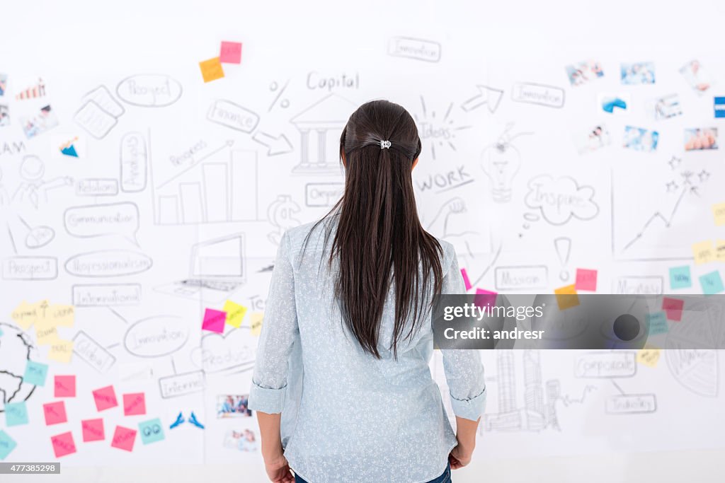 Creative woman looking at a wall chart