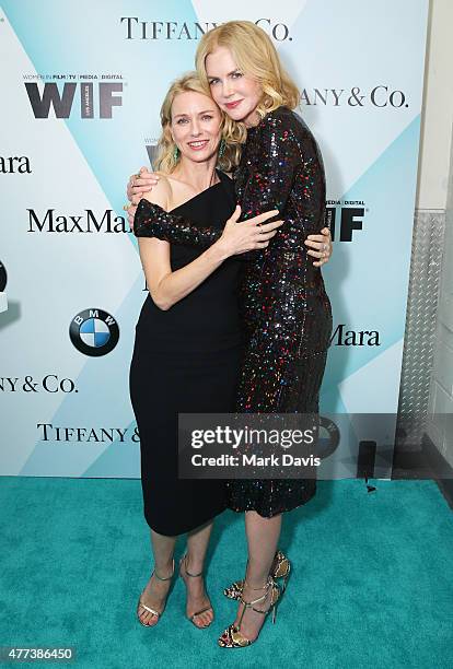 Actress Naomi Watts and honoree Nicole Kidman, recipient of The Crystal Award for Excellence in Film, pose backstage at the Women In Film 2015...