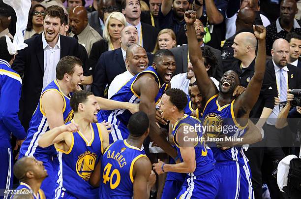Stephen Curry and the Golden State Warriors celebrate their 105 to 97 win over the Cleveland Cavaliers in Game Six of the 2015 NBA Finals at Quicken...