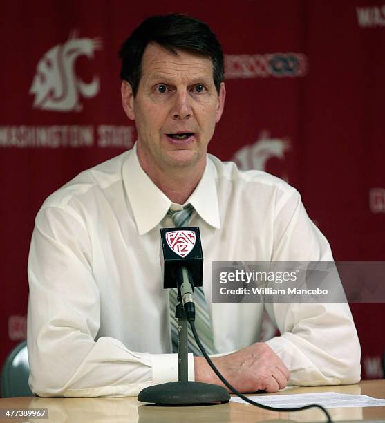 Head coach Ken Bone of the Washington State Cougars talks to the media after the game against the UCLA Bruins at Beasley Coliseum on March 8, 2014 in...