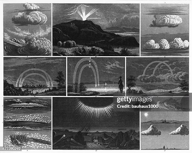 phenomena of clouds and light engraving - sundog stock illustrations