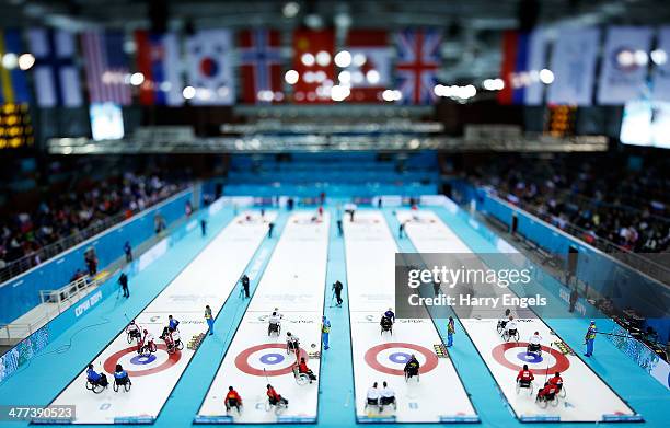 General view of the arena during the wheelchair curling mixed round robin session 3 matches at the Ice Cube Curling Center on March 9, 2014 in Sochi,...