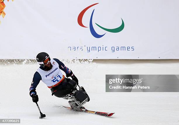 Heath Calhoun of the United States reacts after finishing in the Men's Super G Sitting Skiing during day two of Sochi 2014 Paralympic Winter Games at...