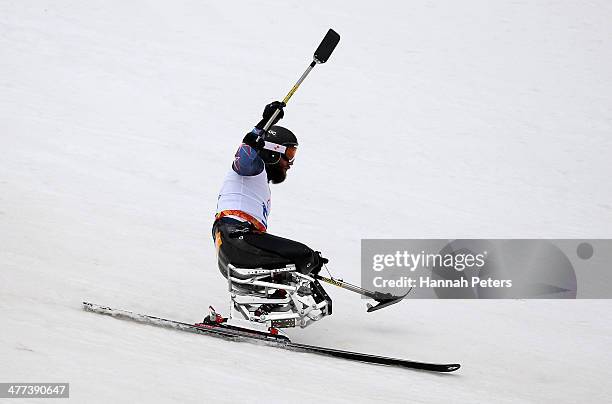 Heath Calhoun of the United States reacts after finishing in the Men's Super G Sitting Skiing during day two of Sochi 2014 Paralympic Winter Games at...