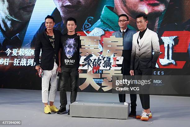 Actors Simon Yam, Wu Jing, director Andrew Lau and Louis Koo attend "A Time for Consequences" press conference on June 16, 2015 in Beijing, China.