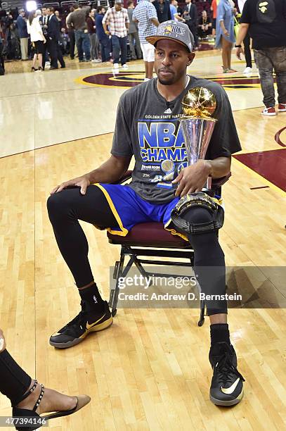 Andre Iguodala of the Golden State Warriors is interviewed after Game Six of the 2015 NBA Finals at The Quicken Loans Arena on June 16, 2015 in...