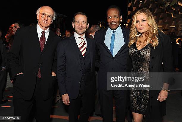 Larry David, Max Mutchnick, M. Lee Pelton and Jennifer Coolidge attend the Emerson College Los Angeles Grand Opening Gala on March 8, 2014 in Los...