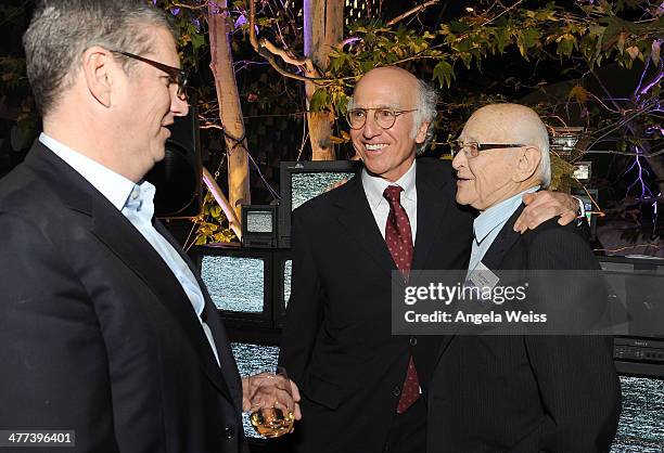 Actors Larry David and Norman Lear attend the Emerson College Los Angeles - Grand Opening Gala on March 8, 2014 in Los Angeles, California.