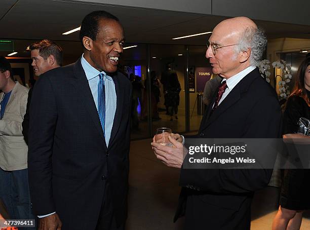 Larry David and M. Lee Pelton attend the Emerson College Los Angeles - Grand Opening Gala on March 8, 2014 in Los Angeles, California.