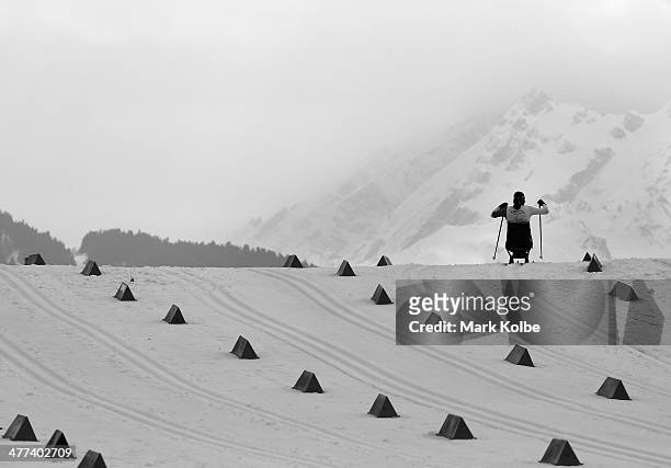 Colette Bourgonje of Canada warms-up on course ahead of the women's 12km sitting cross-country skiing during day two of Sochi 2014 Paralympic Winter...