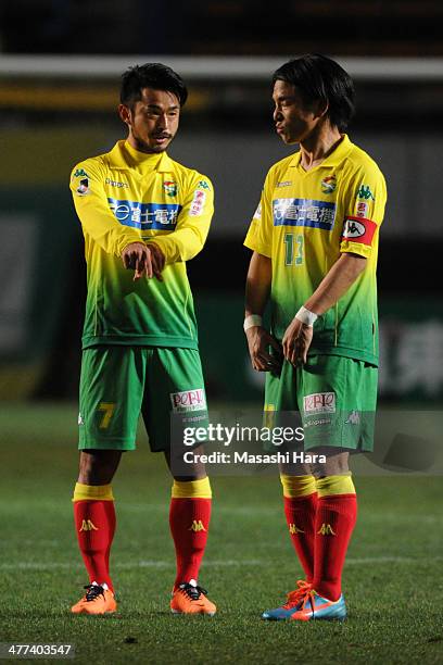 Yuto Sato of JEF United Chiba speaks to his team-mate during the J.League second division match between JEF United Chiba and Fagiano Okayama at...