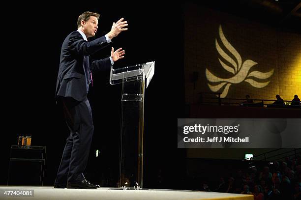 Nick Clegg deputy prime minister and leader of the Liberal Democrats gives his key note address to the party spring conference on March 9, 2014 in...