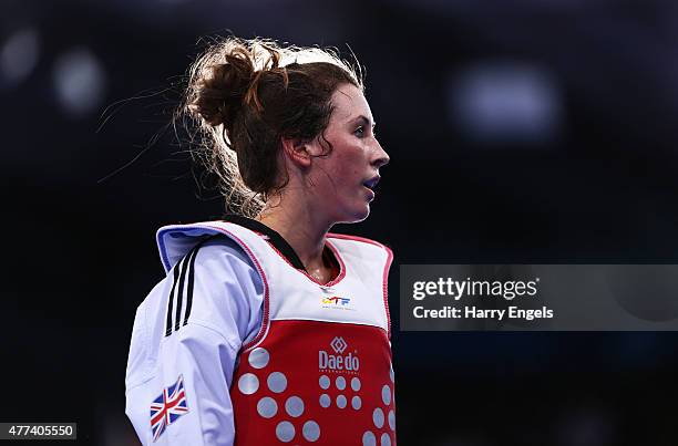 Jade Jones of Great Britain looks on after defeating Despina Pilavaki of Cyprus in the Women's Taekwondo -57kg Preliminary round during day five of...