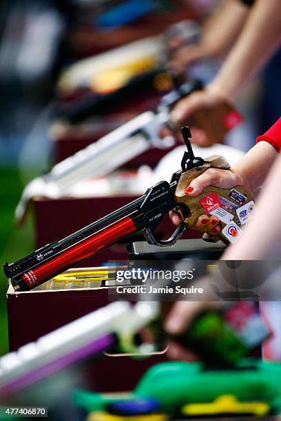 Detail of guns during the Women's 10m Air Pistol Shooting Finals during day five of the Baku 2015 European Games at the Baku Shooting Centre on June...