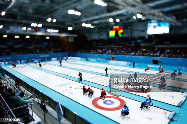 General view of the arena during the wheelchair curling mixed round robin session 4 matches at the Ice Cube Curling Center on March 9, 2014 in Sochi,...