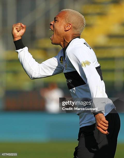 Jonathan Biabiany of Parma FC celebrates after scoring the opening goal during the Serie A match between Parma FC and Hellas Verona FC at Stadio...