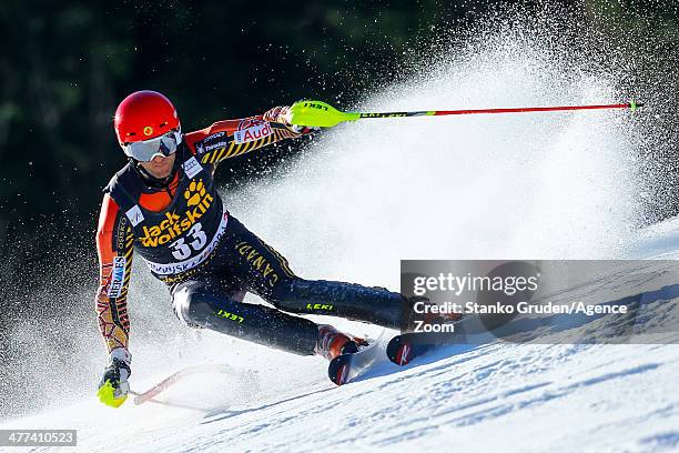 Michael Janyk of Canada competes during the Audi FIS Alpine Ski World Cup Men's Slalom on March 09, 2014 in Kranjska Gora, Slovenia.