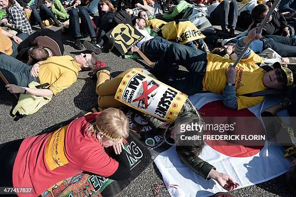 French and German anti-nuclear activists lay on the ground as they take part in a protest against the nuclear powerplant of Fessenheim, France's...
