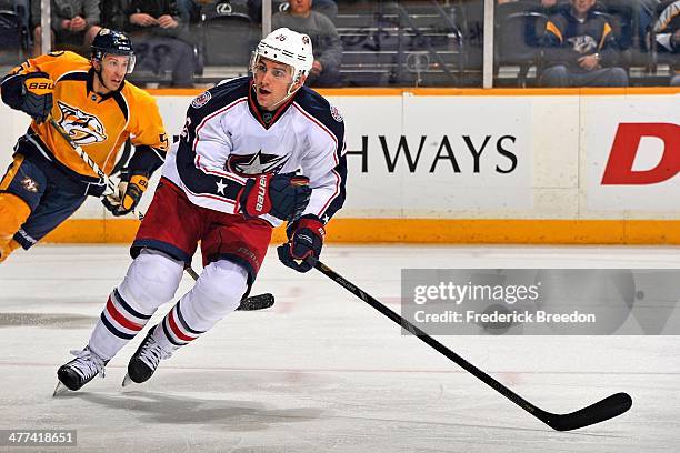Corey Tropp of the Columbus Blue Jackets plays against the Nashville Predators at Bridgestone Arena on March 8, 2014 in Nashville, Tennessee.