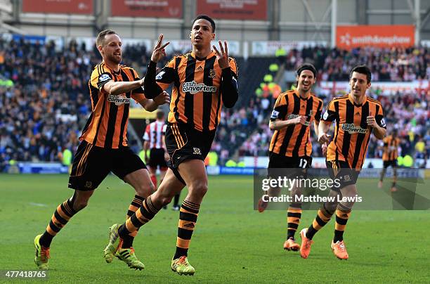 Curtis Davies of Hull City celebrates scoring his teams first goal during the FA Cup Quarter Final match between Hull City and Sunderland at KC...