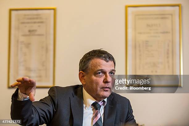 Lubomir Zaoralek, the Czech Republic's foreign minister, gestures as he speaks during an interview at the parliament in Prague, Czech Republic, on...