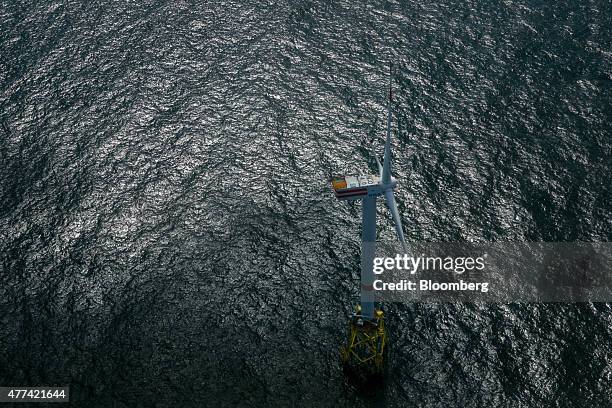 Wind turbine stands in the North Sea at the Nordsee OST off-shore wind park, operated by RWE AG, off the coast of the Heligoland archipelago in...