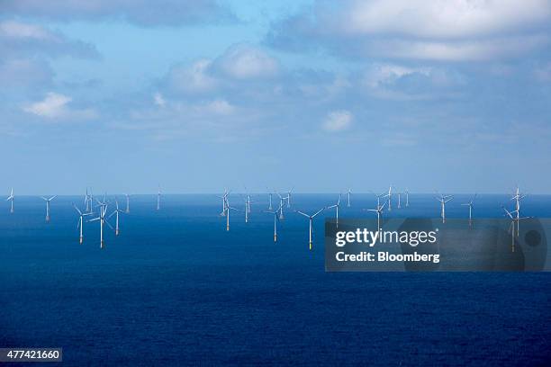 Wind turbines stand in the Meerwind OST wind farm as the Nordsee OST off-shore wind park, operated by RWE AG, operates off the coast of the...