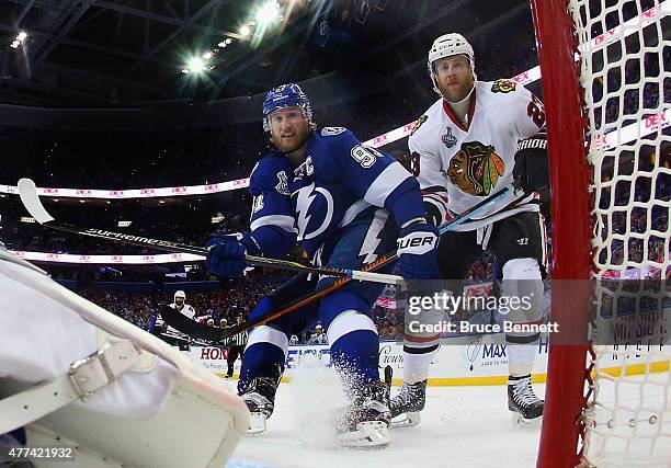 Steven Stamkos of the Tampa Bay Lightning skates against Kris Versteeg of the Chicago Blackhawks during Game Five of the 2015 NHL Stanley Cup Final...