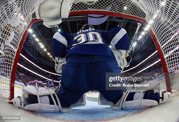 Ben Bishop of the Tampa Bay Lightning blocks the net against the Chicago Blackhawks during Game Five of the 2015 NHL Stanley Cup Final at Amalie...