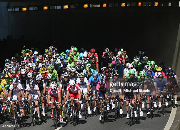 The peloton exit a tunnel during Stage 1 of the Paris-Nice race on March 9, 2014 in Mantes-la-Jolie, France.