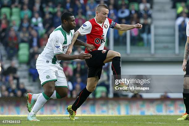 , Genero Zeefuik of FC Groningen, Jordy Clasie of Feyenoord during the Dutch Eredivisie match between FC Groningen and Feyenoord Rotterdam at...