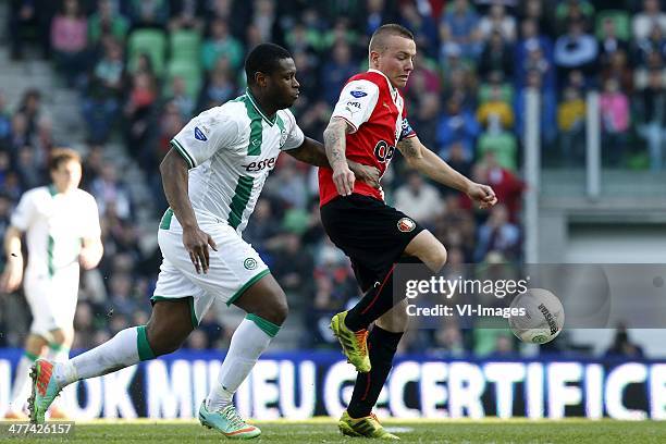 , Genero Zeefuik of FC Groningen, Jordy Clasie of Feyenoord during the Dutch Eredivisie match between FC Groningen and Feyenoord Rotterdam at...