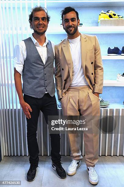 Singer Marco Mengoni and Diadora President and CEO Enrico Moretti Polegato attend Diadora Heritage during Pitti Uomo 88 at Fortezza da Basso on June...