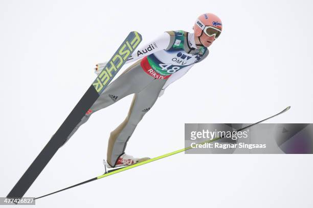 Severin Freund of Germany takes first place during the FIS Ski Jumping World Cup Men's HS134 on March 9, 2014 in Oslo, Norway.