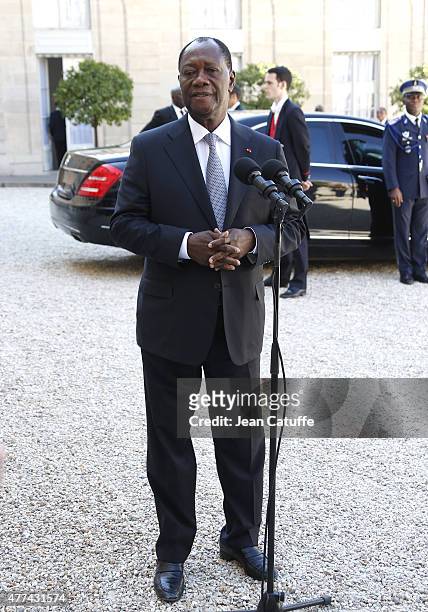 French President Francois Hollande receives Ivory Coast President Alassane Ouattara at Elysee Palace on June 16, 2015 in Paris, France.