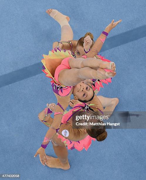 Tiphanie Bonnet, Agathe Meunier and Lara Viaud of France compete in the Gymnastics Acrobatic Women's Group Dynamic Qualification during day five of...