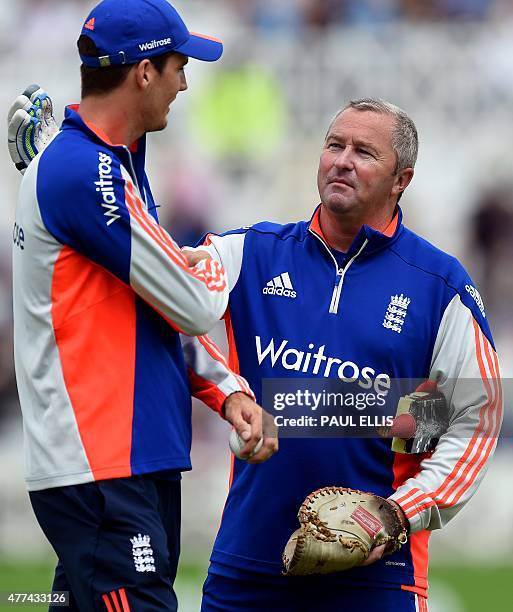 England's interim coach Paul Farbrace speaks to Steven Finn ahead of the fourth one day international cricket match between England and New Zealand...