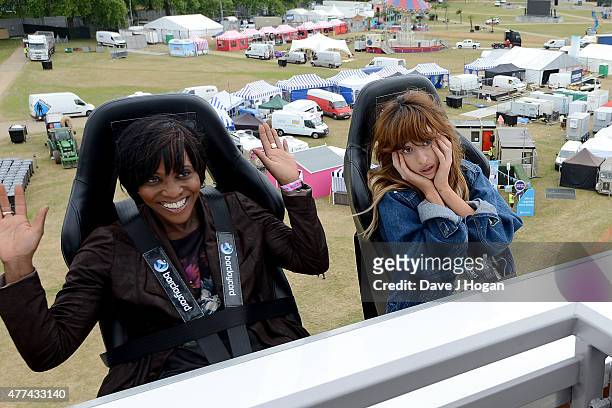 London TV presenter Brenda Emmanus and singer Foxes take a ride on the Barclaycard Better View Platform during the press launch ahead of the...
