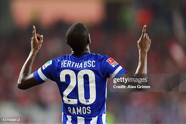 Adrian Ramos of Berlin celebrates his team's first goal during the Bundesliga match between 1. FSV Mainz 05 and Hertha BSC Berlin at Coface Arena on...