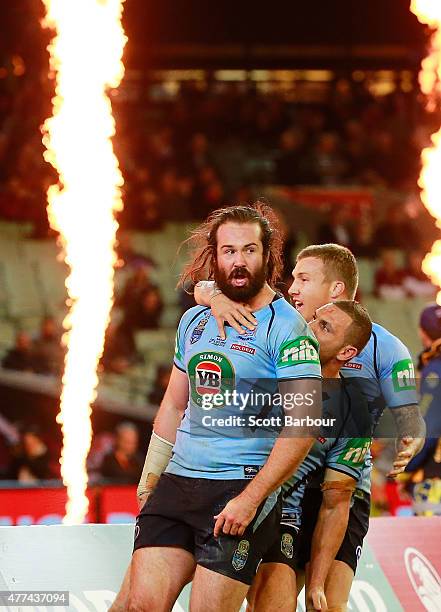 Aaron Woods of the Blues celebrates after scoring a try during game two of the State of Origin series between the New South Wales Blues and the...