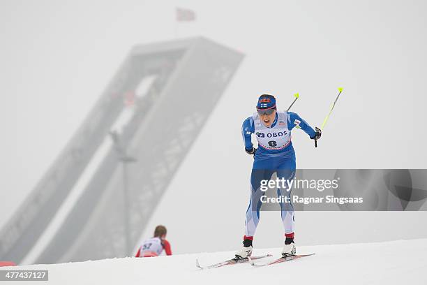 Aino-Kaisa Saarinen of Finland competes during the FIS Cross-Country World Cup Ladies 30 km Mass Start Classic on March 9, 2014 in Oslo, Norway.
