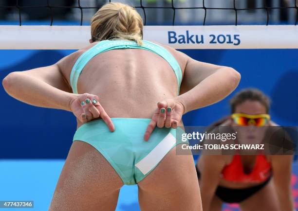 Janne Kongshavn of Norway competes in the women's beach volleyball match between Norway and Belarus at the 2015 European Games in Baku on June 17,...