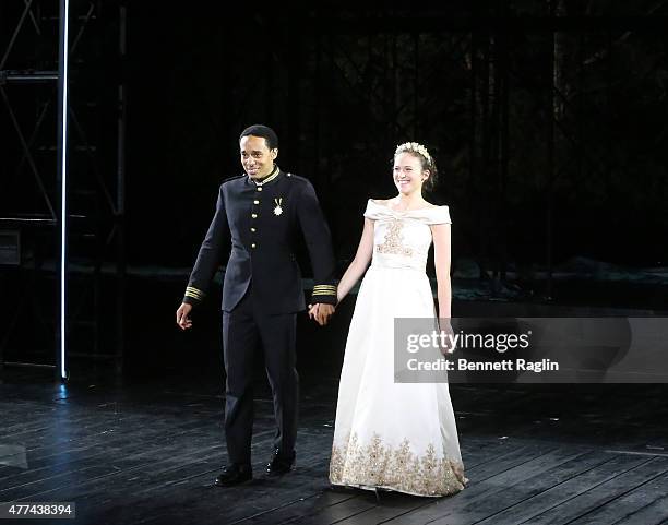 Actors Rodney Richardson and Francesca Carpanini take the curtian call during The Public Theater's Opening Night Of "The Tempest" at Delacorte...