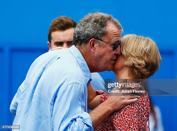 Broadcaster Jeremy Clarkson greets Alice Beer after watching the match between Gilles Simon of France and Thanasi Kokkinakis of Australia during day...